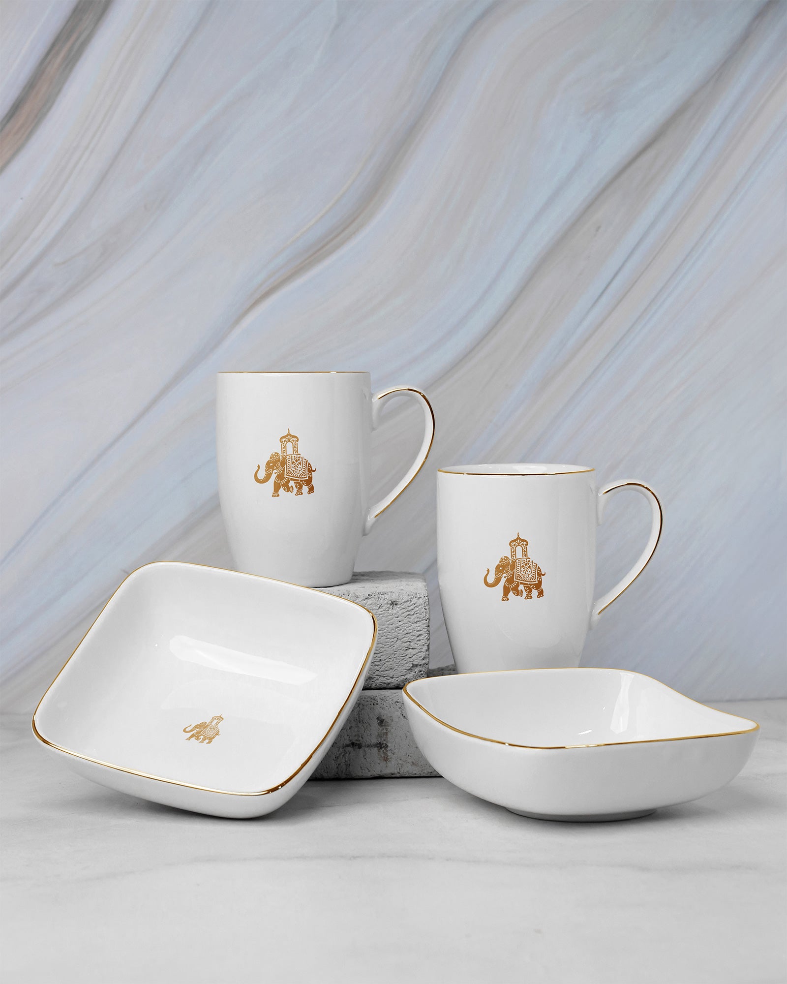 Gold || Gaj Mug &amp; Bowl Set – 2 Coffee Mugs + 2 Curve-Shaped Square Bowls | Porcelain | Elephant Motif