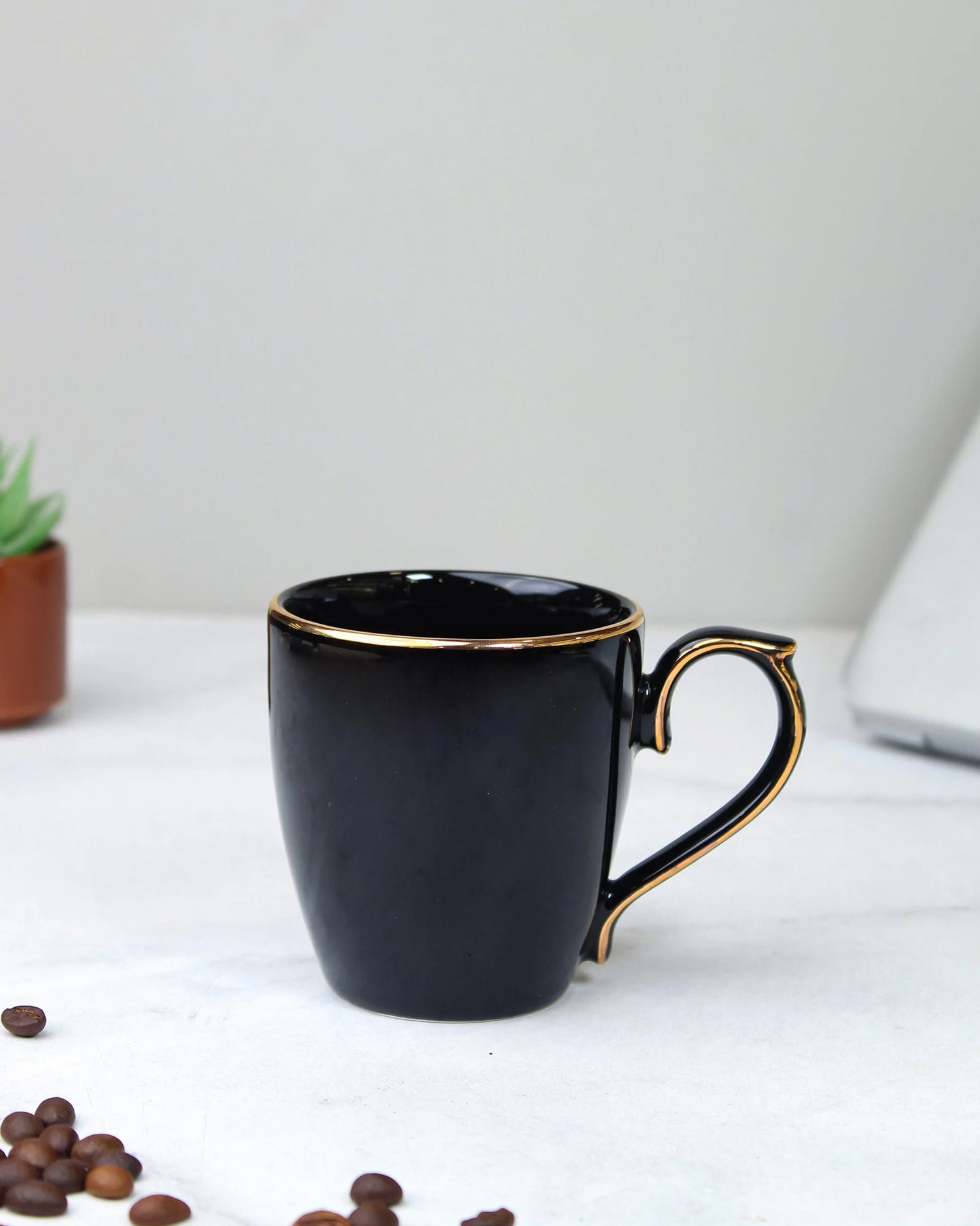 BLACK / Single pc * 220ml || Allure Premium Porcelain Tea/Coffee Mug with Golden Rim| Multi color