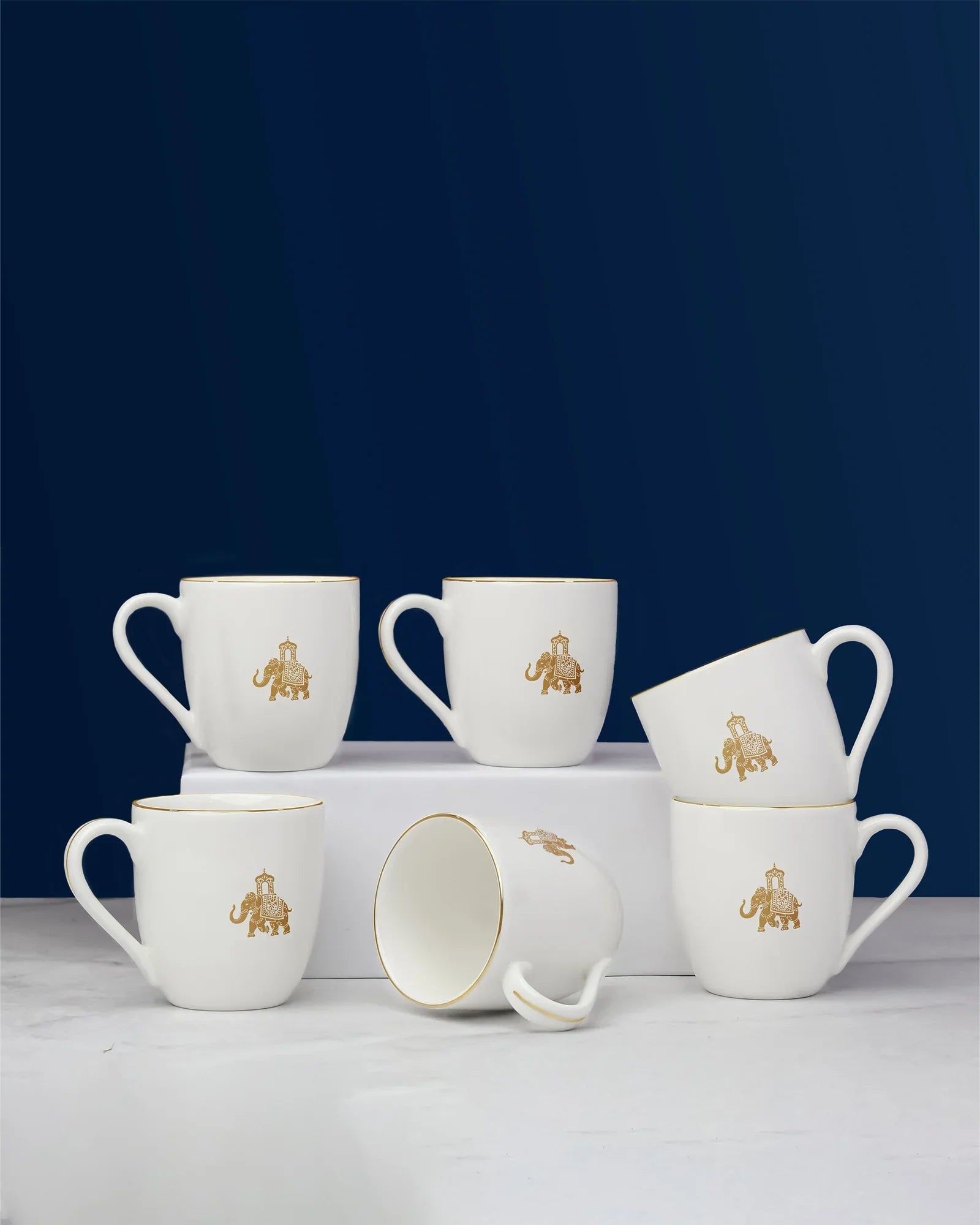 Gaj Mini Sip Cup Set of 6 – Fine Porcelain Cups with Elephant Motif - Vola Global