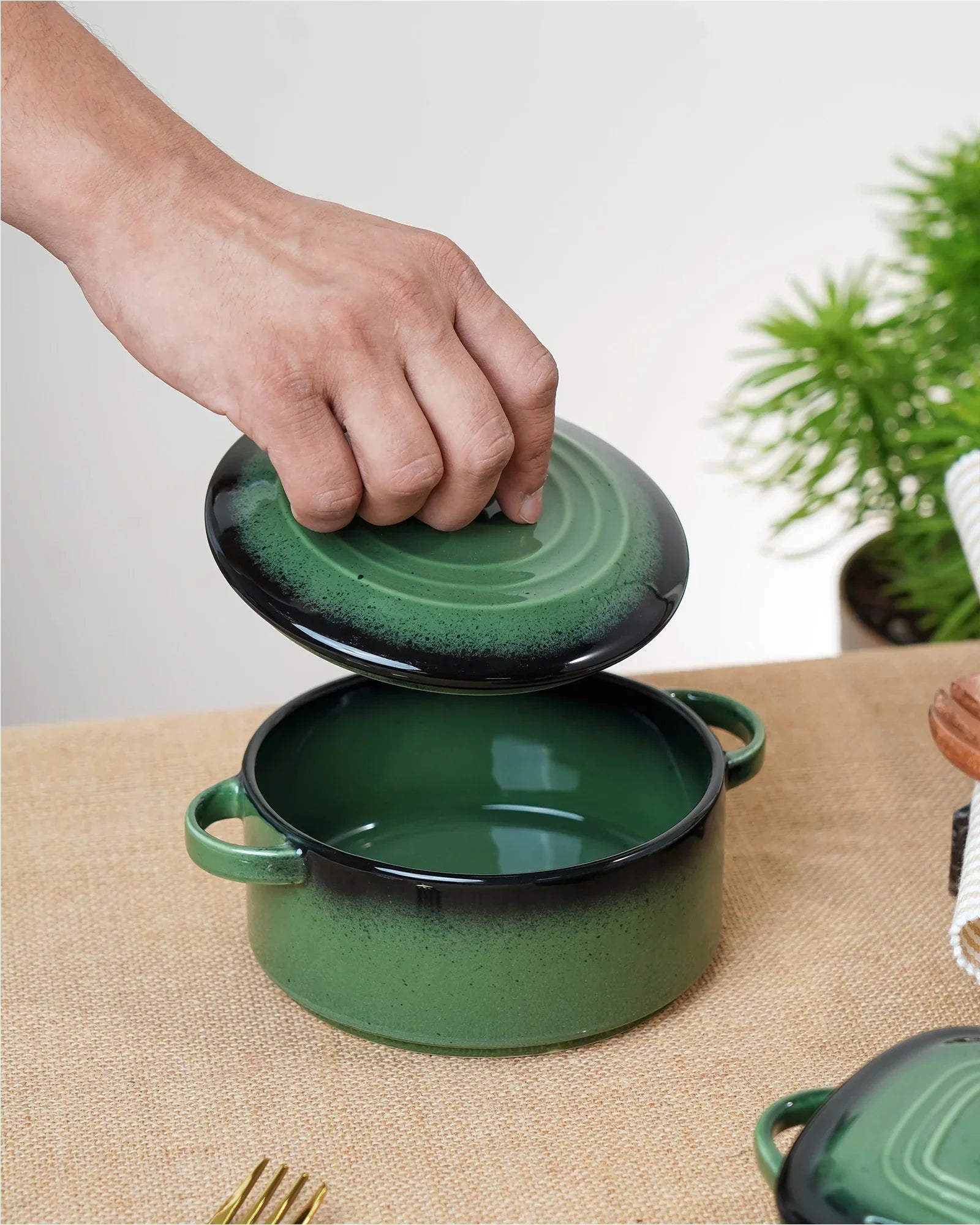 Prisma Fine Porcelain Round Casserole Set with Lids (10 cm, 12 cm &amp; 14 cm) – Olive Green Cook &amp; Serve - Vola Global