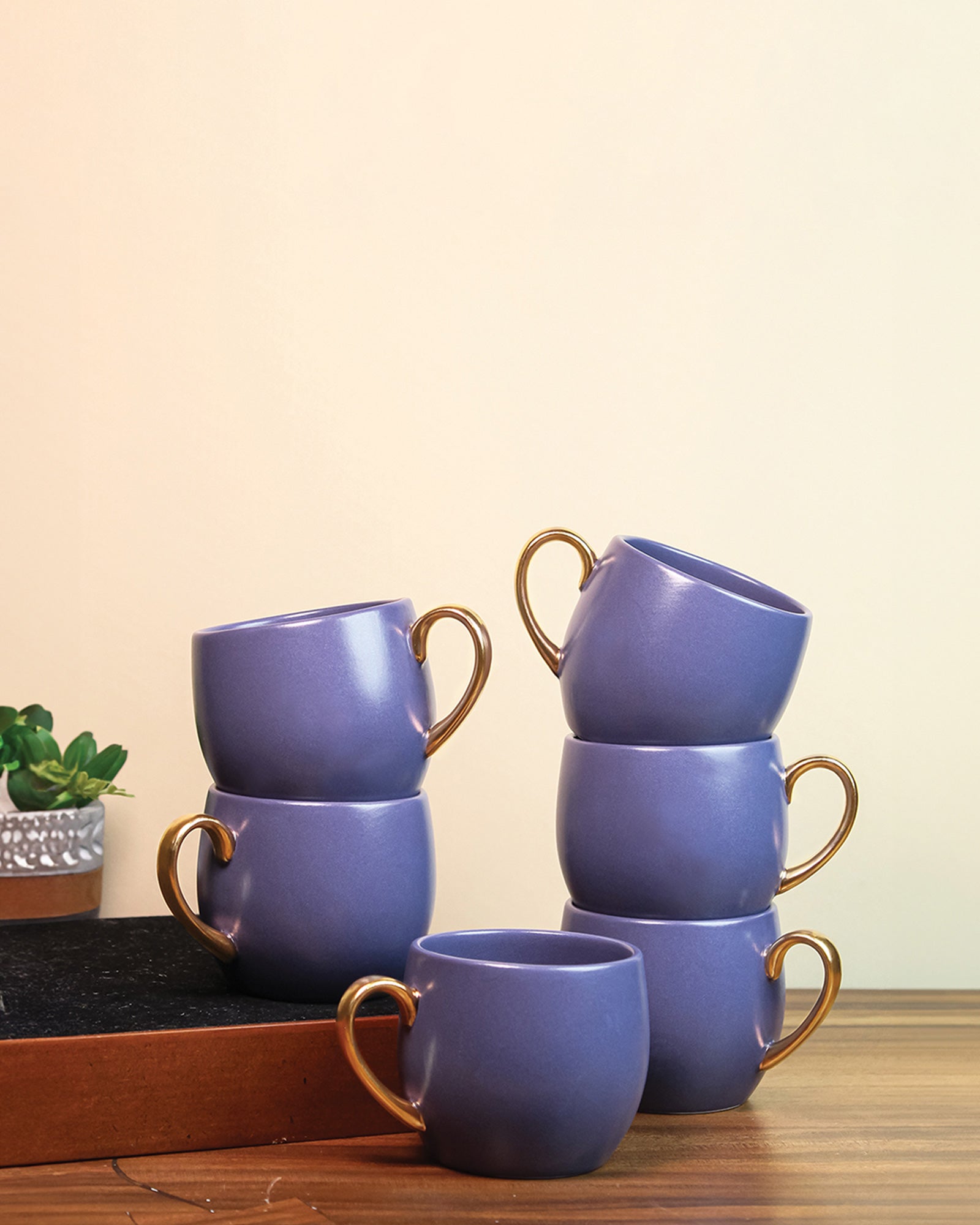 OPAQUE BLUE / Set of 6 * 220ml || Bloom luxurious Tea Mug | Golden handle