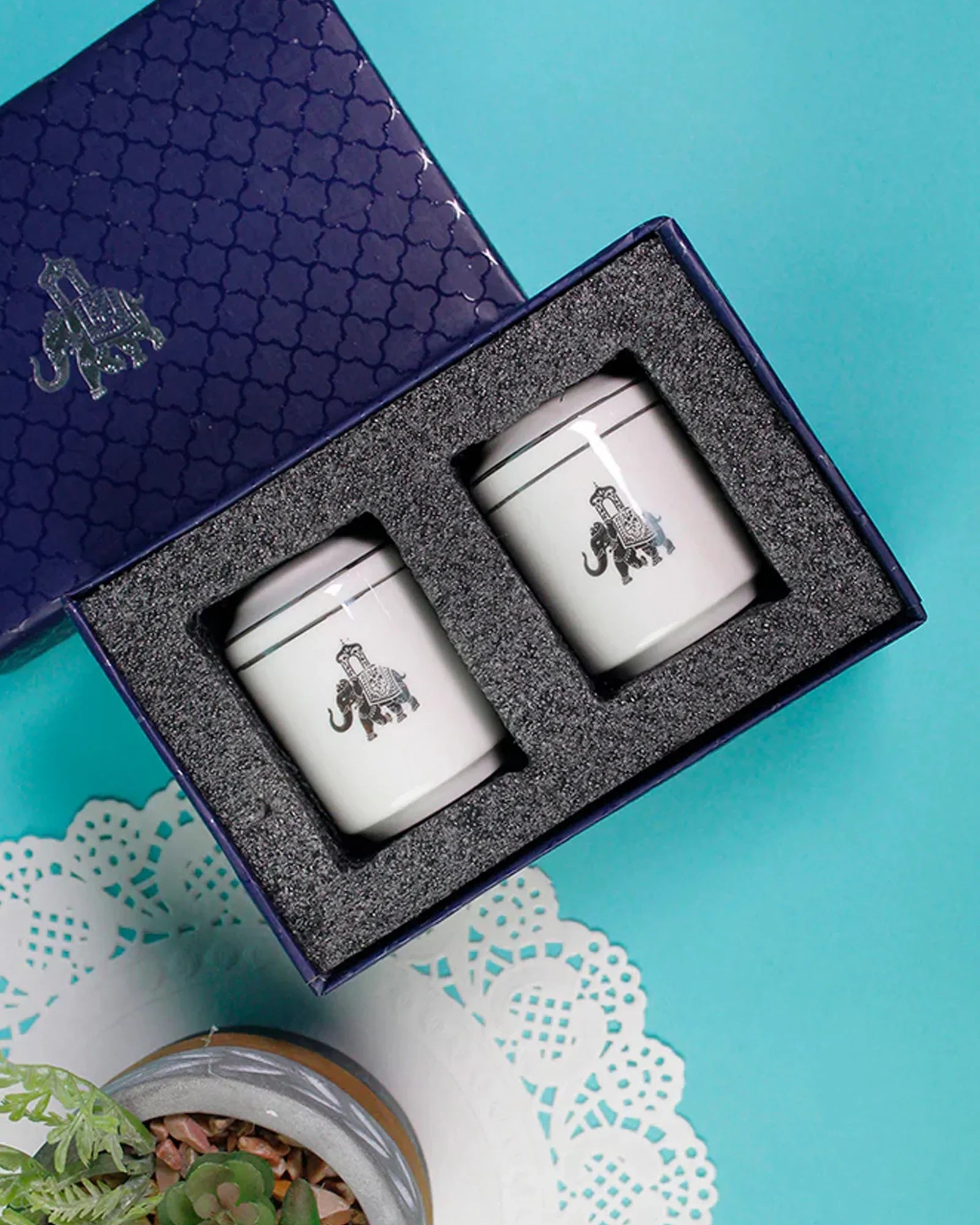 Gaj Salt &amp; Pepper Shakers – Fine Porcelain with Platinum Detailing, Elephant Motif - Vola Global