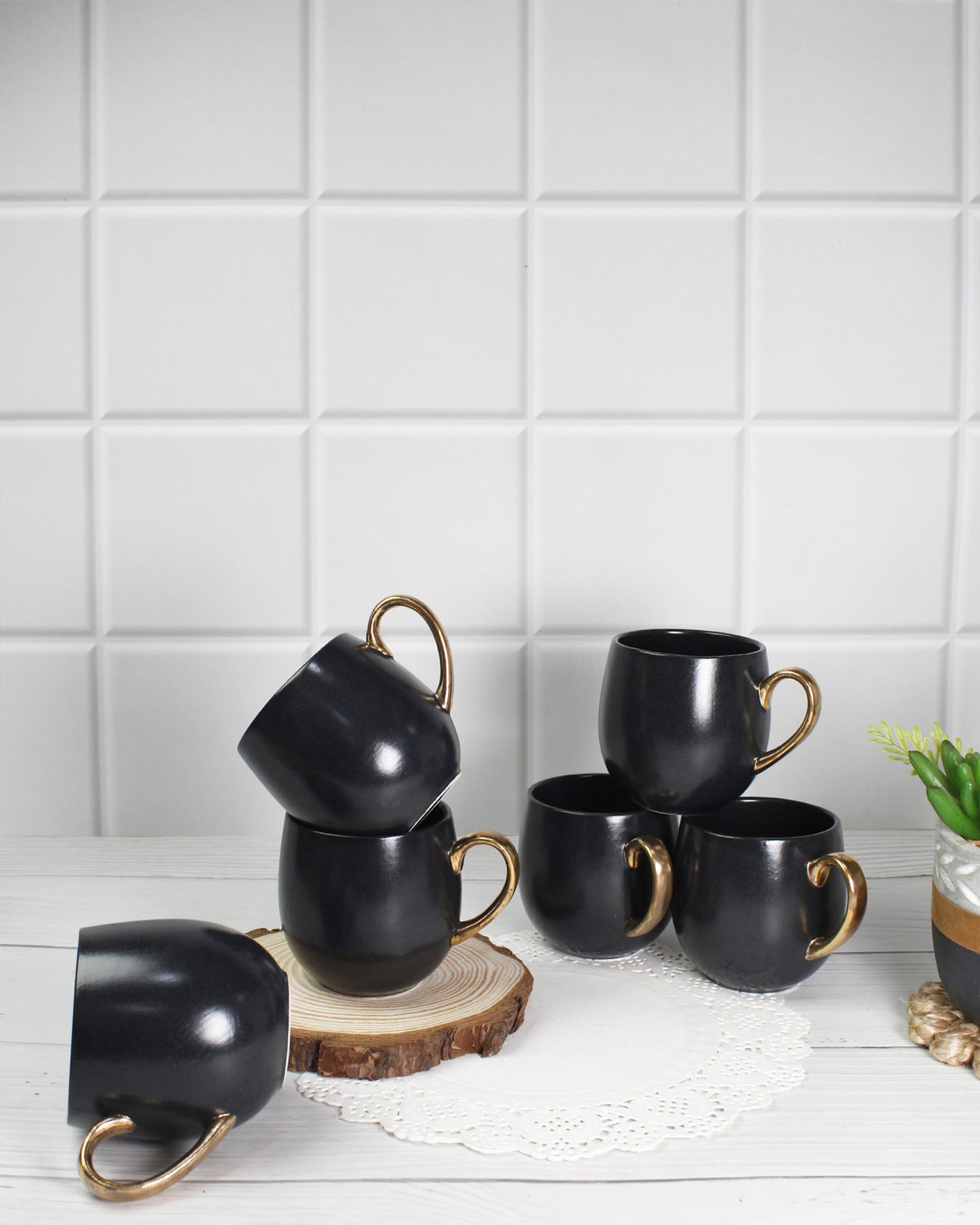 BLACK / Set of 6 * 180ml || Bloom luxurious Tea Mug | Golden handle