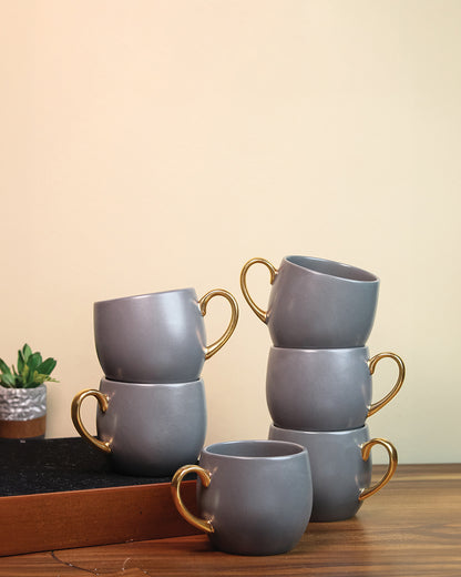PEBBLE GREY / Set of 6 * 220ml || Bloom luxurious Tea Mug | Golden handle