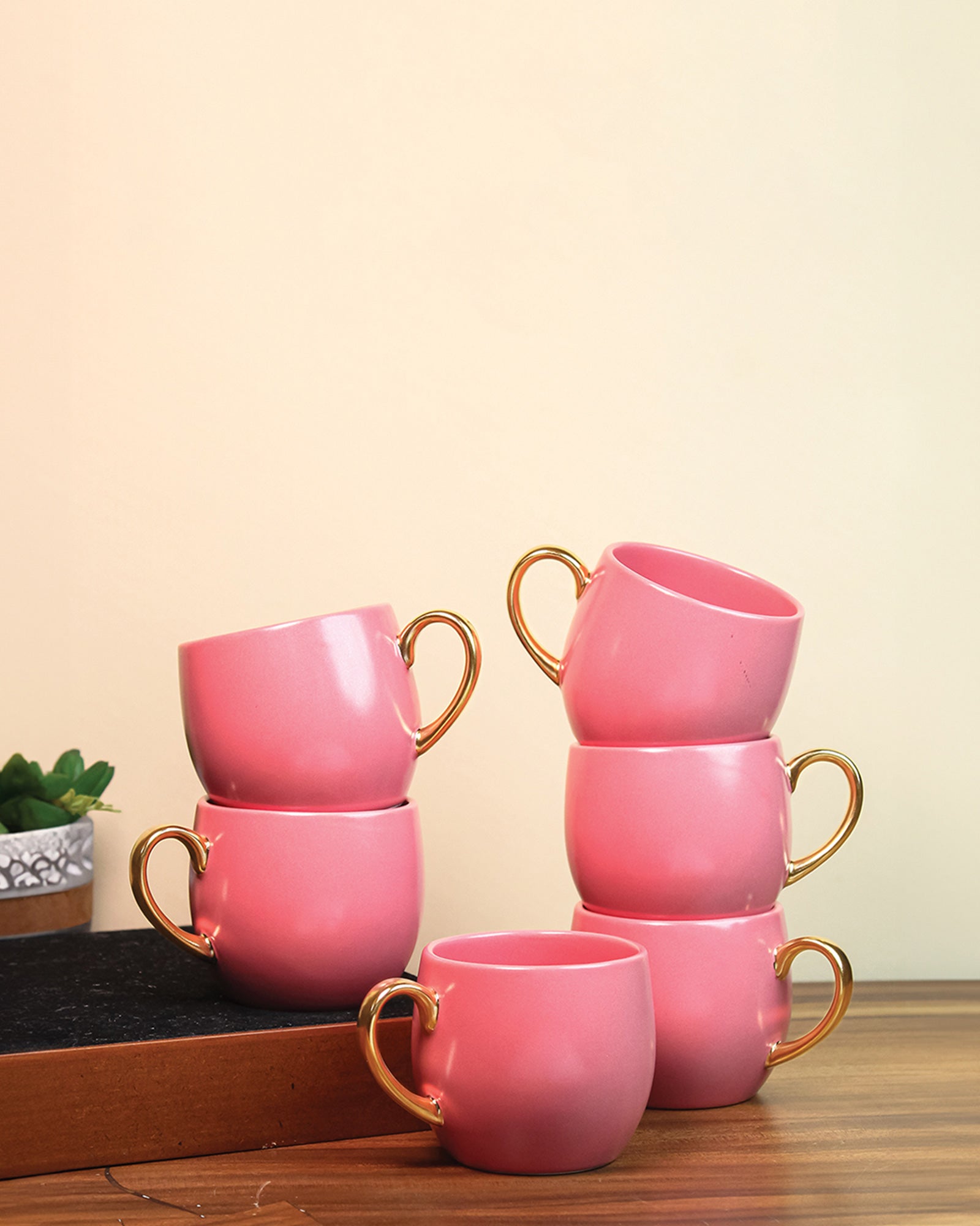 STRAWBERRY ICE / Set of 6 * 220ml || Bloom luxurious Tea Mug | Golden handle