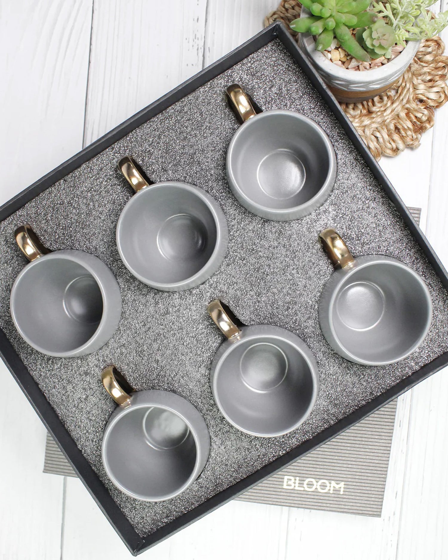 PEBBLE GREY / Set of 6 * 180ml || Bloom luxurious Tea Mug | Golden handle