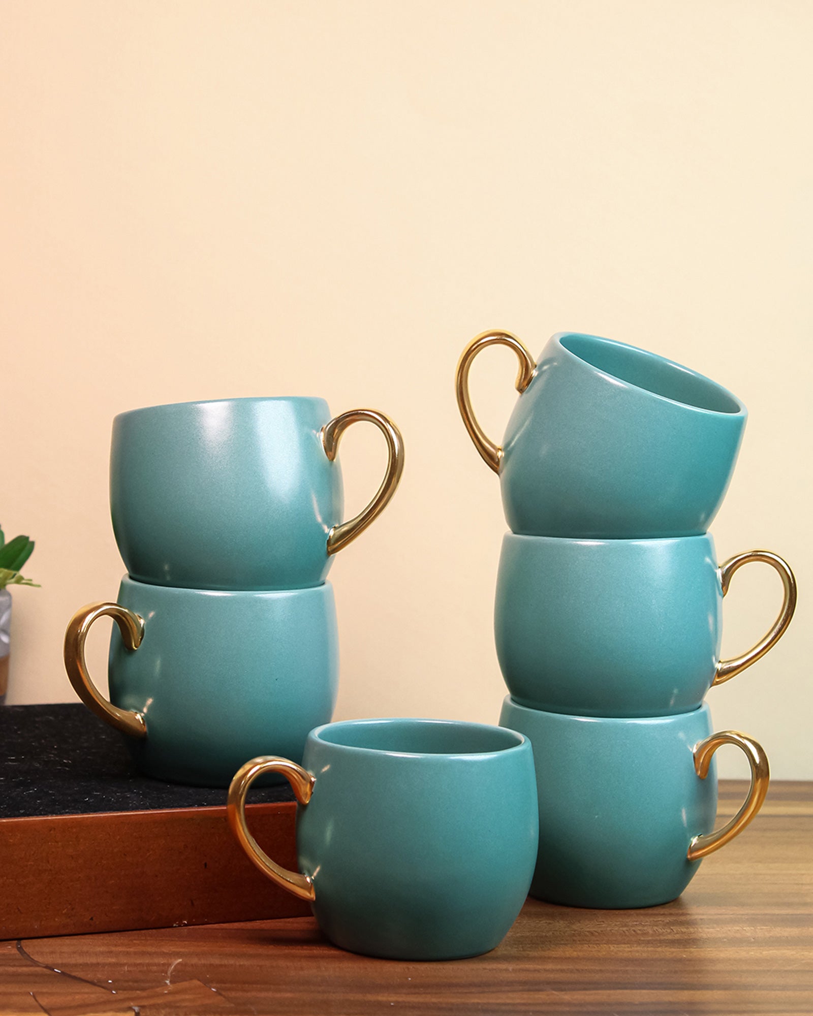 VIRIDIAN GREEN / Set of 6 * 220ml || Bloom luxurious Tea Mug | Golden handle
