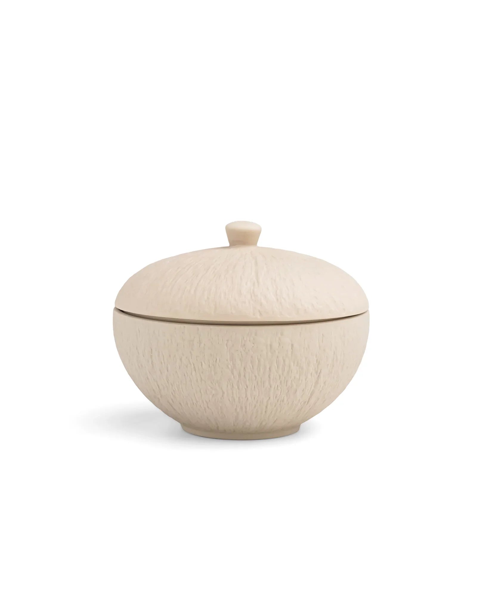 Textured round beige porcelain bowl with lid from Vola Global, premium crockery.