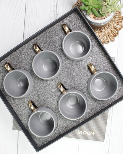 PEBBLE GREY / Set of 6 * 180ml || Bloom luxurious Tea Mug | Golden handle